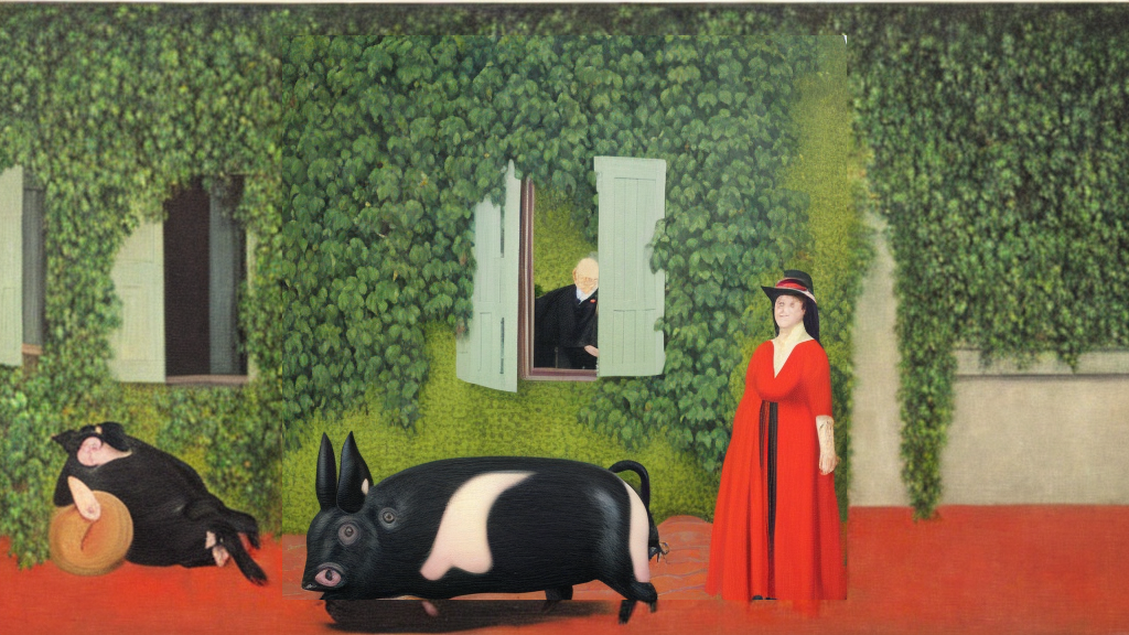 A lady in a red dress inside a house overrun with vines. A bald man in a black suit looks in from an open window.